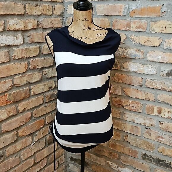 NWT Esprit black & white stripe gatheted side top size Medium - Picture 1 of 13